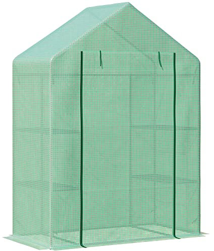 Outsunny Foliengewächshaus Gewächshaus mit 6 Regalebenen begehbares Gartenhäuschen Treibhaus Tomatenhaus Pflanzenhaus mit aufrollbarem Eingang Frühbeet Grün 141 x 72 x 191 cm