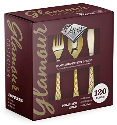 Decorline, Set de Vaisselle en Plastique résistant et Réutilisable - 120 Pièces/pour 40 Personnes - Cuillères, Fourchettes et Couteaux Résistants, Ensemble de Couverts Glamours -Or
