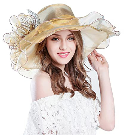 TIMIYUYU Elegante Sonnenhüte Organzablumen Hut Damen Sommerhut Frauenorganza Hut Damenhut Strandsonnenschutz Wide Brim Sommer Strand Hut Organzahut Fascinator Hut für Strand Kirche (Z3-Gold, One Size)