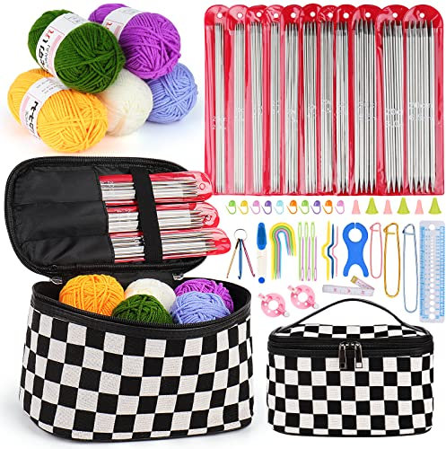 Aeeque 55 Stück Stricknadeln Set mit Tasche, 20 cm Edelstahl Nadelspiel mit Wolle und Strickzubehör, 2,0 - 6,0 mm Doppelspitz Stricknadeln für Socken, Pullover, Schal, Strickset für Anfänger Kinder