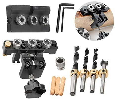 3-in-1 Taschenloch Vorrichtungsset, Holzbearbeitungs Dübelbohrführungsset mit 8/10/15-mm Lochdübelstiften, verstellbare Bohrführungs-Locator-Stanzwerkzeuge