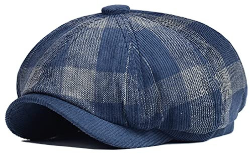 tcax Schiebermütze Herren Herbst-Winter-Plaid Dicker Ballonmütze Schirmmütze Cord Baskenmütze Männer Frauen Gatsby Retro Hut Fahrer Schiebermütze,Marineblau,55-58 cm