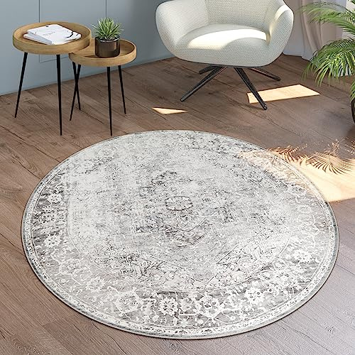 Paco Home Waschbarer Teppich Wohnzimmer Schlafzimmer Rund Vintage Muster Moderne Deko Orientalisch Ornamente Bordüre, Grösse:120 cm Rund, Farbe:Beige