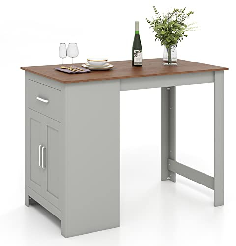 COSTWAY Bar Table, Narrow Rectangular Dining Tables with Drawer and 3-position Adjustable Shelf, Kitchen Counter High Desk for Pub, Dining Room, Living Room (Grey+Natural)