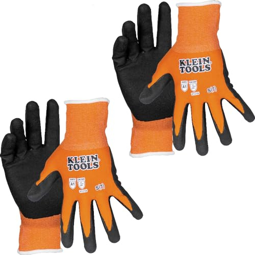 KLEIN TOOLS 60579 Work Gloves, Knit Dipped Cut Resistant ANSI A1 Nitrile Coated Gloves, Nylon-Spandex, Touchscreen Capable, Small, 2-Pair