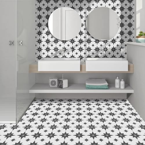 Alwayspon 12Pcs 30x30cm Black Polar Star Thickened Peel and Stick Vinyl Floor Tiles Sticker, Self-Adhesive Waterproof Backsplash Sticker Wall Tile Transfer Stickers for Kitchen Bathroom
