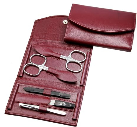 Hans Kniebes Maniküre Set 5-teilig Bordeaux – Nagelpflege Set Edelstahl rostfrei – Nagelschere, Hautschere, Feile, Pinzette & Schieber – Echtes Nappa Leder Etui – Profi Manikürbesteck Damen & Herren