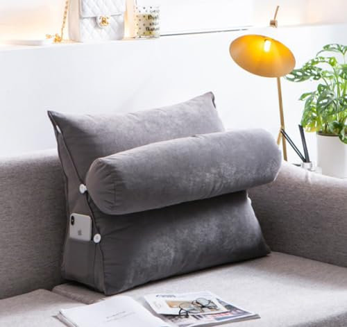 Großes Keil-Lesekissen mit verstellbarer Nackenstütze, verhindert Säurerückfluss, Lesekissen für Rücken, Sofa-Positionierungsrolle mit Tasche (45 x 45 x 20 cm, grau)