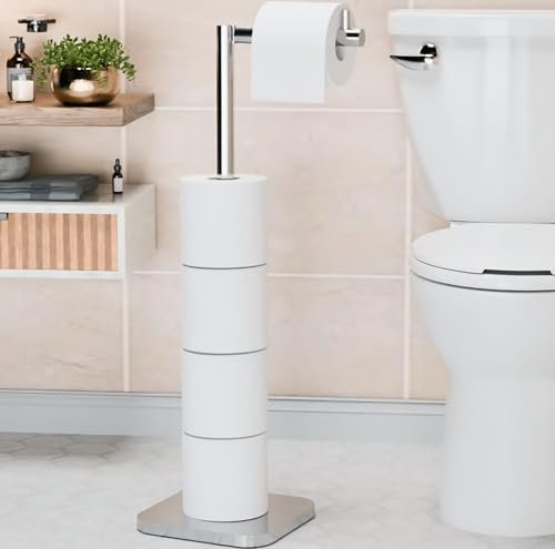 Toilet Roll Holder Free Standing – Toilet Roll Stand for 5 Rolls – Stainless Steel Loo Roll Holder with Heavy Stable Base – Pedestal Free Standing Toilet Roll Holder for Bathroom (Silver)