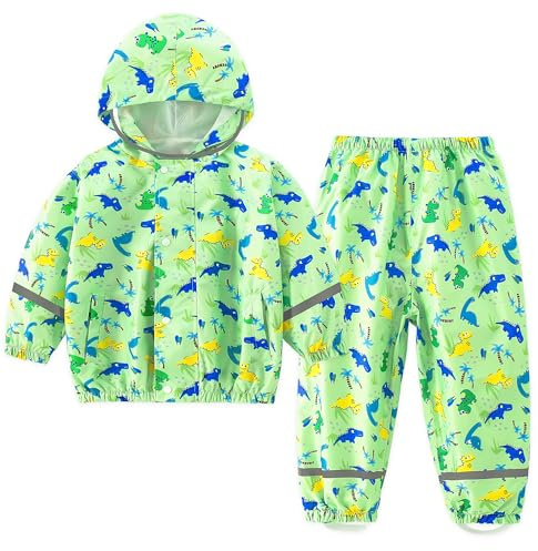 Domueay Tuta Impermeabile Bambino Giacca & Pantaloni Antipioggia Leggero Traspirante Tuta Pioggia Riflettente Completo Antipioggia con Cappuccio Ragazzi 2-3 Anni, 92-98 Verde