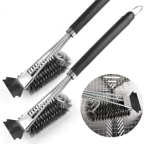 2X Grillbürste mit Schaber, 45 cm Edelstahl Bürste Reinigungsbürste mit Langer Edelstahl Borsten und PP Wärmedämmung Griff für Gasgrill, Holzkohlegrill, Kugelgrill, Elektrogrill und Grillrost