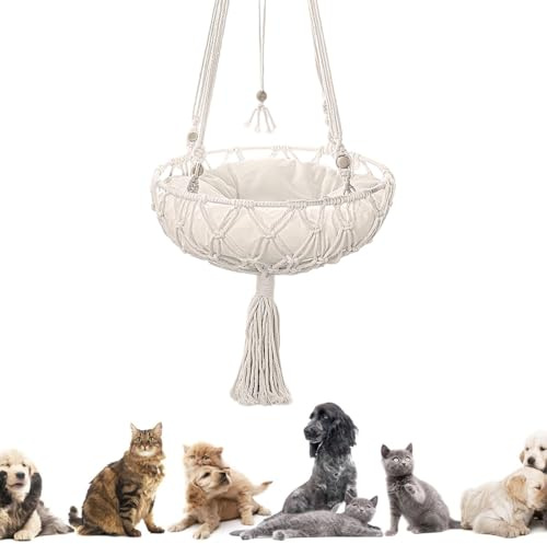 Columpio para gatos tejida a mano - Cama bohemia para mascotas de macramé para gatos | Cama colgante para gatos | Estantería de seguridad para gatos con anillo superior resistente para dormitorio