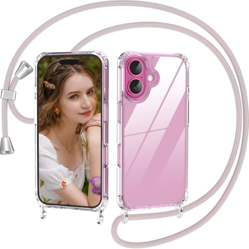 Nupcknn Coque pour iPhone 16 avec Cordon, Transparente Anti-Jaunissement Coque Antichoc Housse Collier Réglable Téléphone Étui Portable Lanyard Case Protection Complète Cover