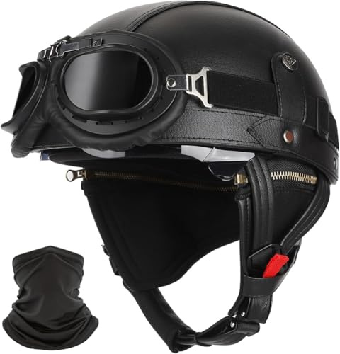 Deutsche Leder Motorrad Halbhelme, Halbschalenhelm mit ECE, Jethelm Retro, Scooter-Helm, Chopper Helm, Fahrradhelm, mit Sonnenblende und Schnellverschlussschnallen Offenem Helm,B,S 55~56CM