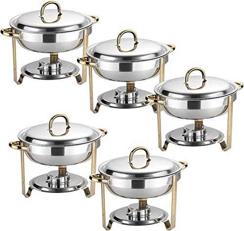 Gold Plated Stainless Steel Chafing Dish, 1/2/3/4/5/6 Packs Round Buffet Food Warmer Container Set with Food Pan, Water Pan and Fuel Holders, for Party Wedding Restaurant,2Pack,5Pack