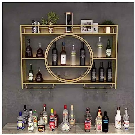 Floating Wine Rack with Glass Holder Wall Mounted Bar Unit for Home Kitchen Bar Modern Wine Storage Display Shelf Hanging Goblet Rack for Restaurant Decoration (Gold 140x15)