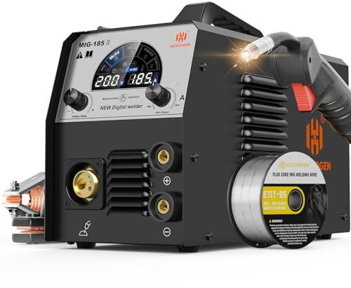 Poste à souder MIG HZXVOGEN 185 A, 110 V/220 V, MIG à fil fourré, MIG gaz/sans gaz/MMA/Lift TIG, Stick 4 en 1 IGBT Inverter Synergy, poste à souder multi-processus, grand écran LED