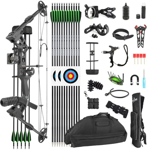 SHARROW Bogenschießen Compound Bogen und Pfeil Komplett Set 20-70lbs Einstellbare Jagd Compoundbogenset für Erwachsene und Anfänger Outdoor-Schießen LH/RH (Schwarz, Linkshänder)