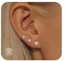 3 Pairs 14k Gold Studs Earrings for Women Hypoallergenic Cubic Zirconia gold stud earrings with 925 Sterling Silver Post Jewelry Gift for Women (3mm+4mm+5mm)