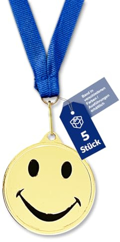 geschenke-fabrik.de Smiley-Medaillen Kinder-Set, Gold, Metall | Bandfarbe & -breite nach Wahl, optional mit Wunschtext, für Kindergeburtstag, Turniere & Vereine