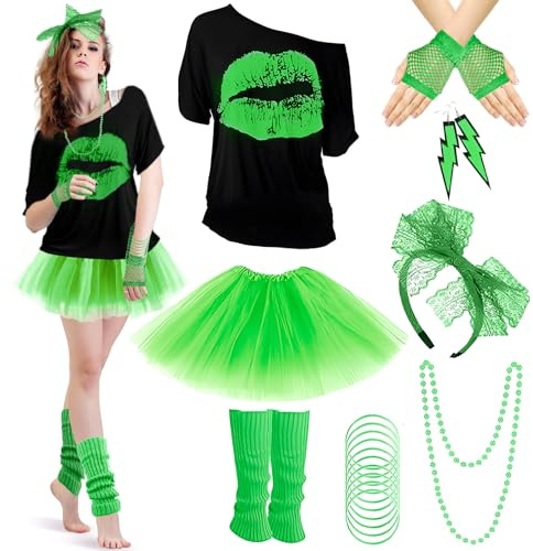 panemy Disfraz Años 80 Mujer, Disfraz de Los Años 80 y 90 Para Mujer, Camiseta, Tutú, Diadema, Pendientes, Guantes de Rejilla, Collares, Conjuntos de Fiesta para Carnaval y Mascarada (Verde)
