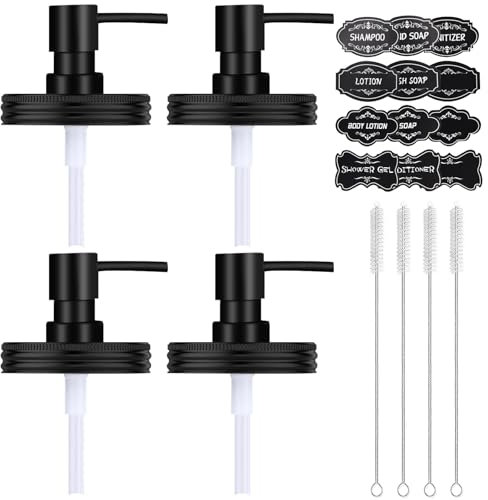 Watsango Mason Jar Soap Dispenser Set, Rustproof Plastic Lotion Pump and Lids Accessories for Regular Mouth Mason Jar and Farmhouse Kitchen Counter Decor- 4 Pack Black