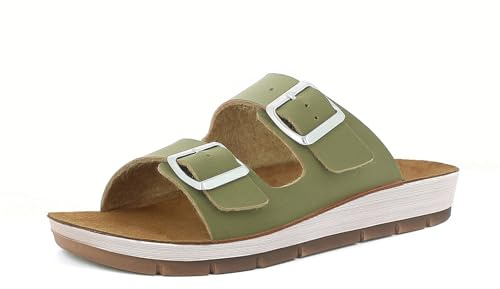 inblu Femme Ciabatte Donna Con Doppia Fascia E Fibbie Regolabili, Plantare in Vera Pelle Imbottito Sandale Glissante, Vert, 39 EU