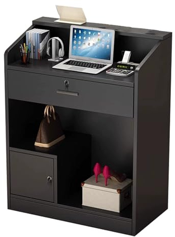 Petit bureau de réception moderne avec comptoir, table de réception compacte avec œillets de câble, comptoir de caisse pour salon, magasin, hall, bureau à domicile (noir)
