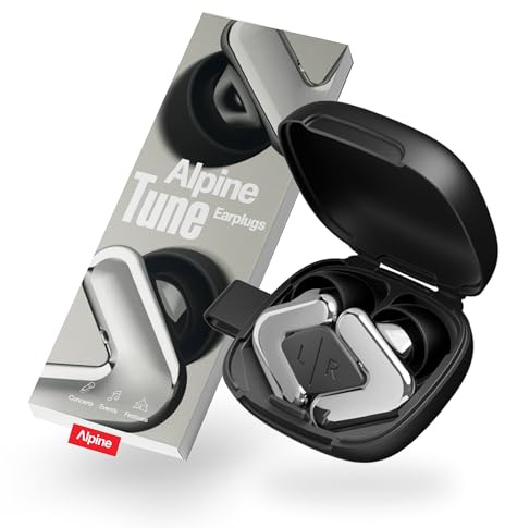 Alpine Tune Earplugs, Concert Ear Plugs with Noise Reduction, High-Fidelity Music Quality, 19dB Hearing Protection with Crystal Clear Sound, 4 Sizes Included, Gigs, Raves, Festivals & Clubs, Silver