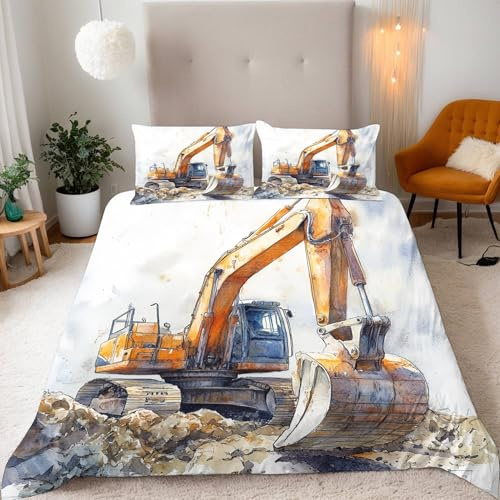 Bedding Bettwäsche 135x200 Set 3 Teilig Mikrofaser Warme Kinder Bettwäsche-Sets 3D Aquarell-Stil Bagger Druck Bettbezug 135x200 Deckenbezug + 2 Kissenbezüge 80x80 mit Reißverschluss Eckbinder