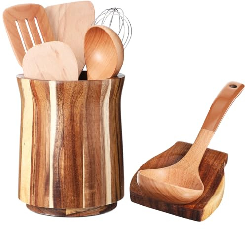 Teenyyou Wooden Utensil Holder 360° Rotating Kitchen Utensil Crock Organizer with Wood Spoon Holder Farmhouse Acacia Round Cooking Decor with Non Slip Feet for Spatulas Spoons Tongs