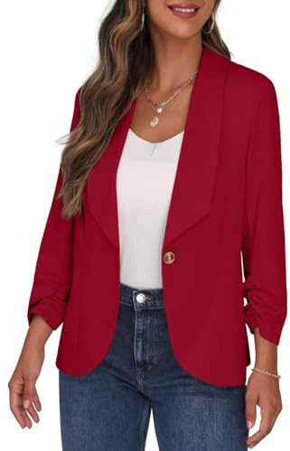 PrinStory Blazer Femmes Sportif Élégant Manches 3/4 Blazer Bureau Affaires Dressy Jack Tenues, Rouge carmin, 48