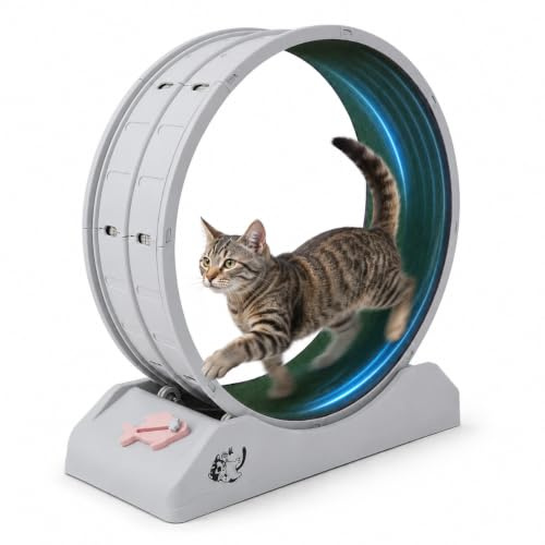 Cat Wheel, Large Cat Exercise Treadmill Wheel with Brake and Carpeted Runway Running Wheel Teaser for Indoor Cats Interactive Toys for Running Walking Training