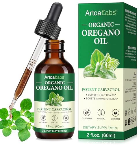 Oregano Öl Bio, 60ml Wild Oil of Oregano mit Carvacrol, Oreganoöl Bio Tropfen, 100% Natürliche ätherisches oregano Oil with Olivenöl, Unterstützt die Darmreinigung, No-GMO und Glutenfrei