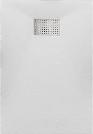 Thermopanel SMC White Shower Trays Base Slate Stone Effect Textured Non Slip with Stainless Steel Drain Cover - 1200 x 800mm
