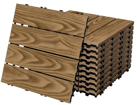ECD Germany WPC Terrassenfliesen 30x30 cm/33 Stück=3m², Teak in Holzoptik, Bodenbelag mit Klicksystem und Drainage, Terrassendielen Balkonfliesen Holzfliesen, Klickfliesen für Terrasse, Garten, Balkon