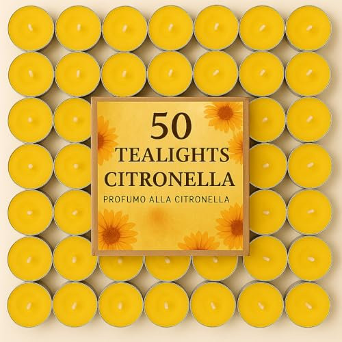 Citronella Tealight Antizanzare, Set da 25/50/100 Pezzi, Candele Profumate per Esterni, Giardino, Terrazzo (50)