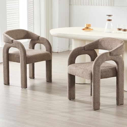 Ya-Home Esszimmerstühle 2er Set, gepolsterter Küchenstühle mit Curved Back Nordic Armlehnstuhl aus Chenille Loungesessel für Esszimmer/Wohnzimmer/Küche, Braun