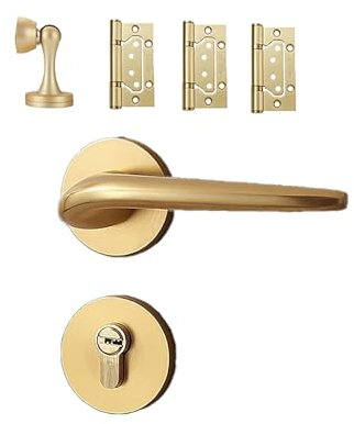 KACBFEE Entry Door Handle with Lock and Key,Magnetic Mute Brushed Gold Door Handles, Split Door Lock，for Front Entrance Bedroom, Wood Door Kitchen Bathroom Handle