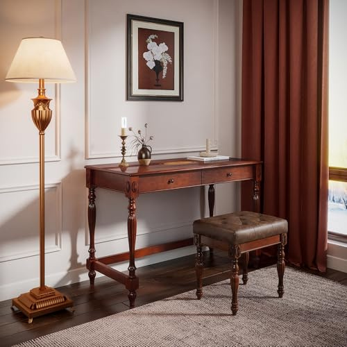 JESONVID Vintage Wooden Writing Desk Stool Set, Large Secretary Desk and Cushioned Stool Set with 2 Drawers, 46 W Wood Writing Table Vanity Makeup Table Sets for Home Office-Cheery&Chestnut Brown