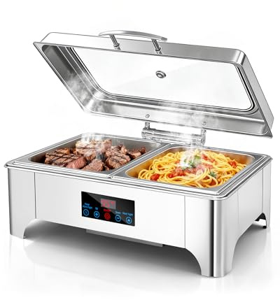 WENMILY Electric Chafing Dish with Touch Screen, 9 QT Adjustable Temperature Chafing Dishes for Buffet Roll Top Set Food Warmer Buffet Server with Glass Lid for Parties, Catering, Weddings, Silver