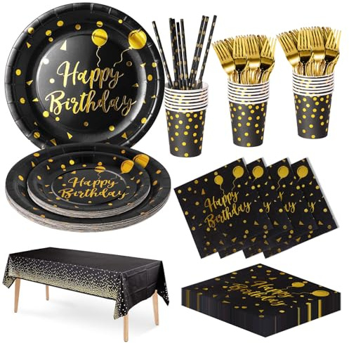 Nkaiso 121 Pcs Noir Or Vaisselle Anniversaire -20 invités | Vaisselle Party Inclut Assiette Carton, Gobelets, Serviettes, pour pour Decoration Anniversaire Garcon Fille