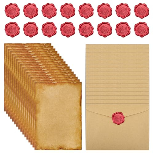 16 Stück Vintage Briefpapier Set mit Umschlägen, A5 Kraftpapier Briefe & 16 Wachssiegel-Sticker für romantische Liebesbriefe, Hochzeit, Einladungen (Style A)