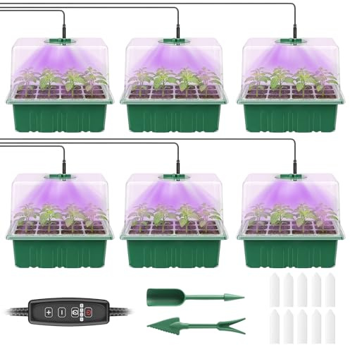 Pawfly 6 Pack Seed Starter Kit, 72 Cells, Seed Starter Trays with Adjustable Grow Lights & 3.9 Humidity Domes, Indoor Seedling Starter Trays, Reusable Plant Germination Trays, Seed Starting Trays