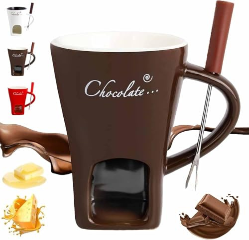 2026 New Chocolate Fondue Mug with Forks, Chocolate Melting Cup, Ceramic Butter Warmers Pot Set, Personal Cheese Melting Cup, Fondue Heated with a Tealight, Warmer Mug for Candy Snack Party (Coffee)