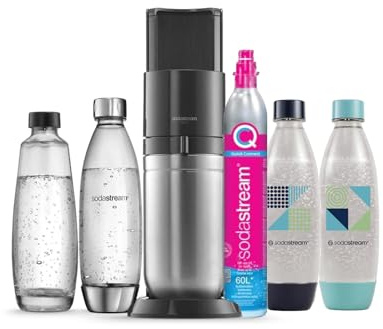 Pack de Sodastream DUO Machine à Eau Pétillante et Soda | Pack 1 Carafe en Verre 1L + 3 Bouteilles 1L Finition Acier Inoxydable Lave-Vaisselle + 1 Recharge de Gaz 60L à Clipser | Noire