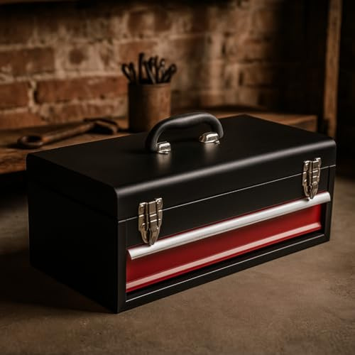 Heavy Duty Metal Tool Box – Lockable Portable Tool Chest with Drawers and Cantilever Trays – 1 to 5 Tray Large Storage Organizer Case - Tool Box with Handle & Secure Latches (Black & Red (1 Drawer))
