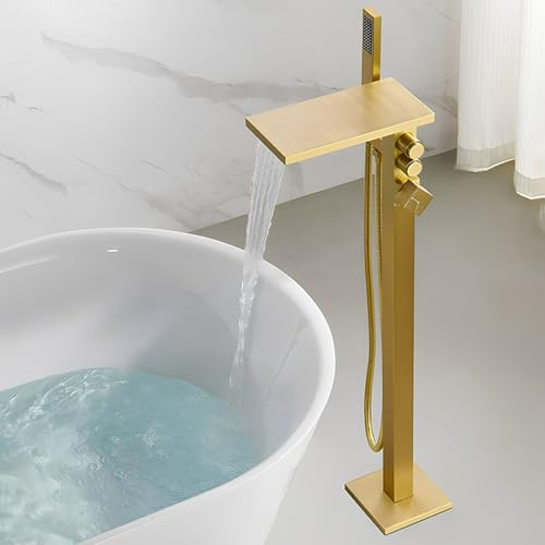 Armatur Badewanne Freistehend Gold Gebürstet Wasserfall Wasserhahn Bad Dusche mit 2 Ausgänge,Gebürstetes Gold