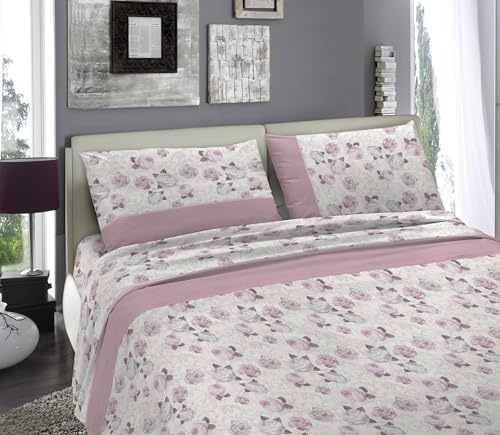 Completo Lenzuola Invernale Felpate in Flanella Matrimoniali 100% Cotone Flanellato Anti Pilling Set Letto 2 Piazze Parure Sopra Sotto e Federe Caldo e Morbido Fantasia Floreale - Rose Rosa