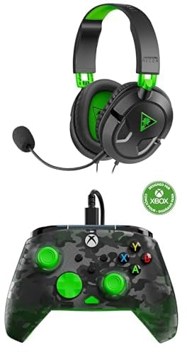 Bundle of Turtle Beach Recon 50X Headset Wired Gaming Headset + Turtle Beach Rematch Core Green and Ghost Black Camo Wired Gaming Controller – Both officially Licensed for Xbox Series X or S, Xbox One